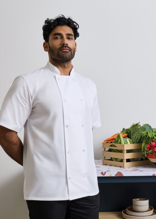 Studded front short sleeve chef's jacket Thumbnail