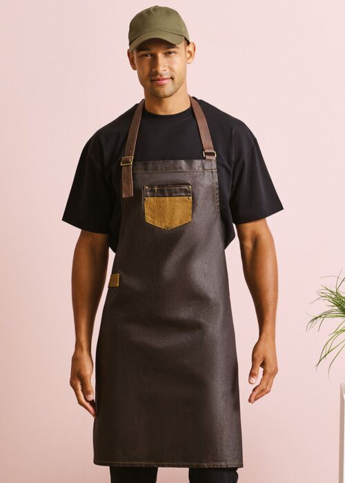 Division waxed-look denim bib apron with faux leather Thumbnail