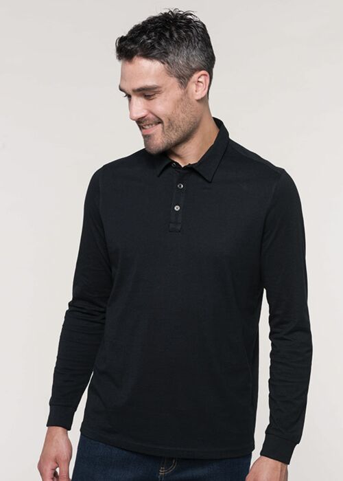 Jersey knit long sleeve polo shirt Thumbnail